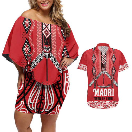 Toitu Te Tiriti Waitangi Couples Matching Off Shoulder Short Dress and Hawaiian Shirt Red Wharenui House - Aussie Hoodie