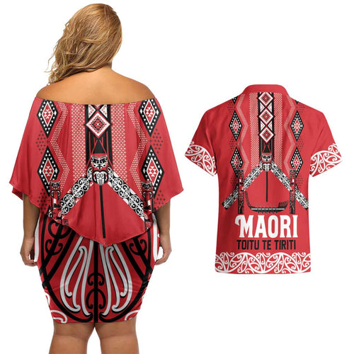 Toitu Te Tiriti Waitangi Couples Matching Off Shoulder Short Dress and Hawaiian Shirt Red Wharenui House - Aussie Hoodie
