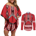 Toitu Te Tiriti Waitangi Couples Matching Off Shoulder Short Dress and Long Sleeve Button Shirt Red Wharenui House - Aussie Hoodie