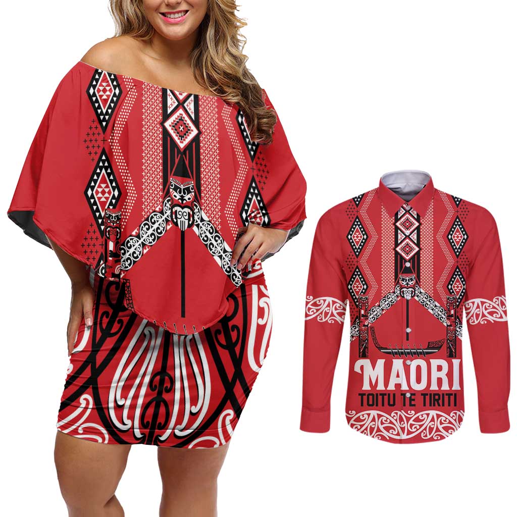 Toitu Te Tiriti Waitangi Couples Matching Off Shoulder Short Dress and Long Sleeve Button Shirt Red Wharenui House - Aussie Hoodie