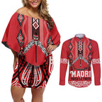 Toitu Te Tiriti Waitangi Couples Matching Off Shoulder Short Dress and Long Sleeve Button Shirt Red Wharenui House - Aussie Hoodie