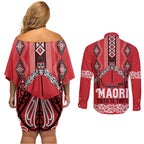 Toitu Te Tiriti Waitangi Couples Matching Off Shoulder Short Dress and Long Sleeve Button Shirt Red Wharenui House - Aussie Hoodie