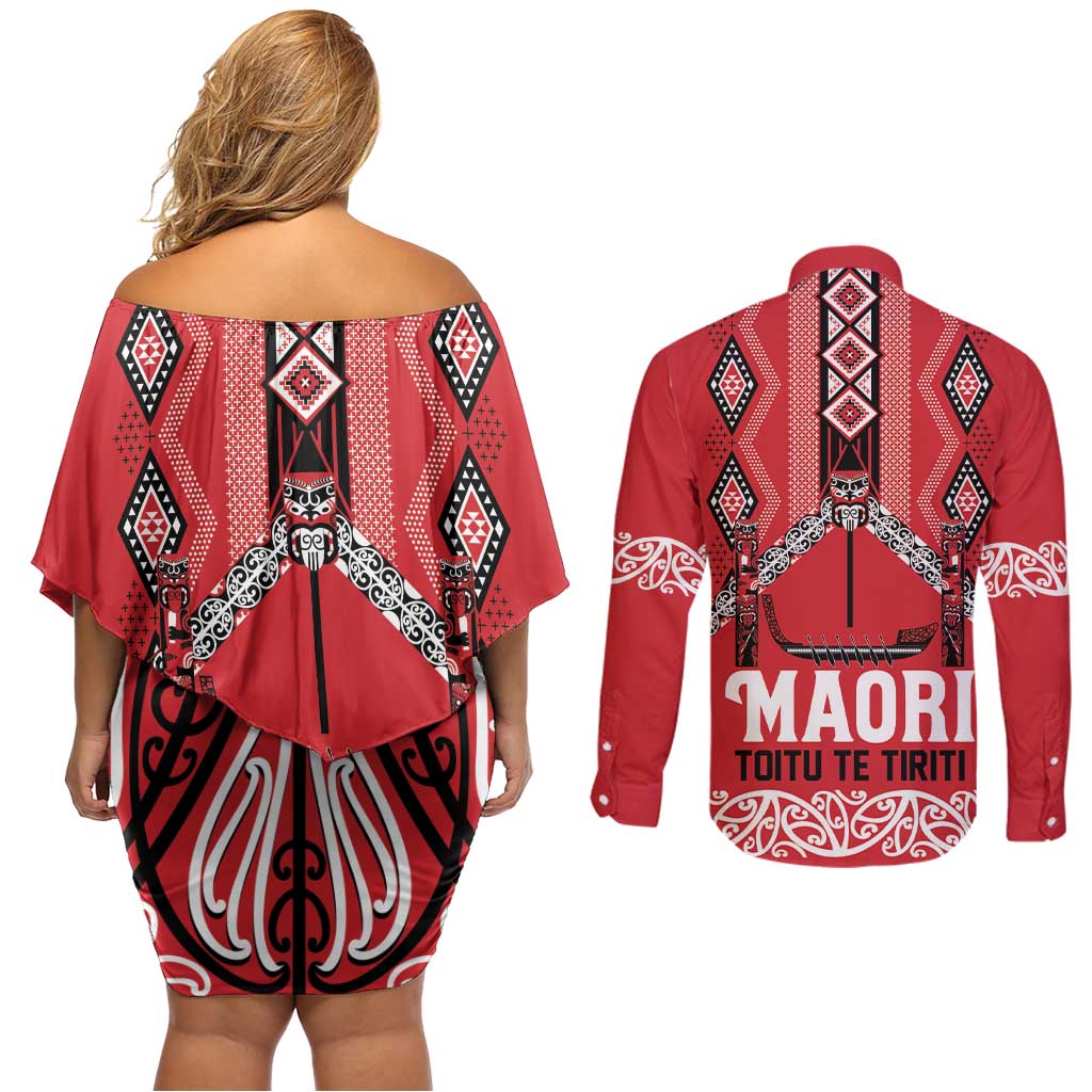 Toitu Te Tiriti Waitangi Couples Matching Off Shoulder Short Dress and Long Sleeve Button Shirt Red Wharenui House - Aussie Hoodie