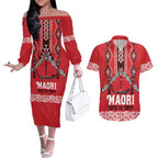 Toitu Te Tiriti Waitangi Couples Matching Off The Shoulder Long Sleeve Dress and Hawaiian Shirt Red Wharenui House - Aussie Hoodie