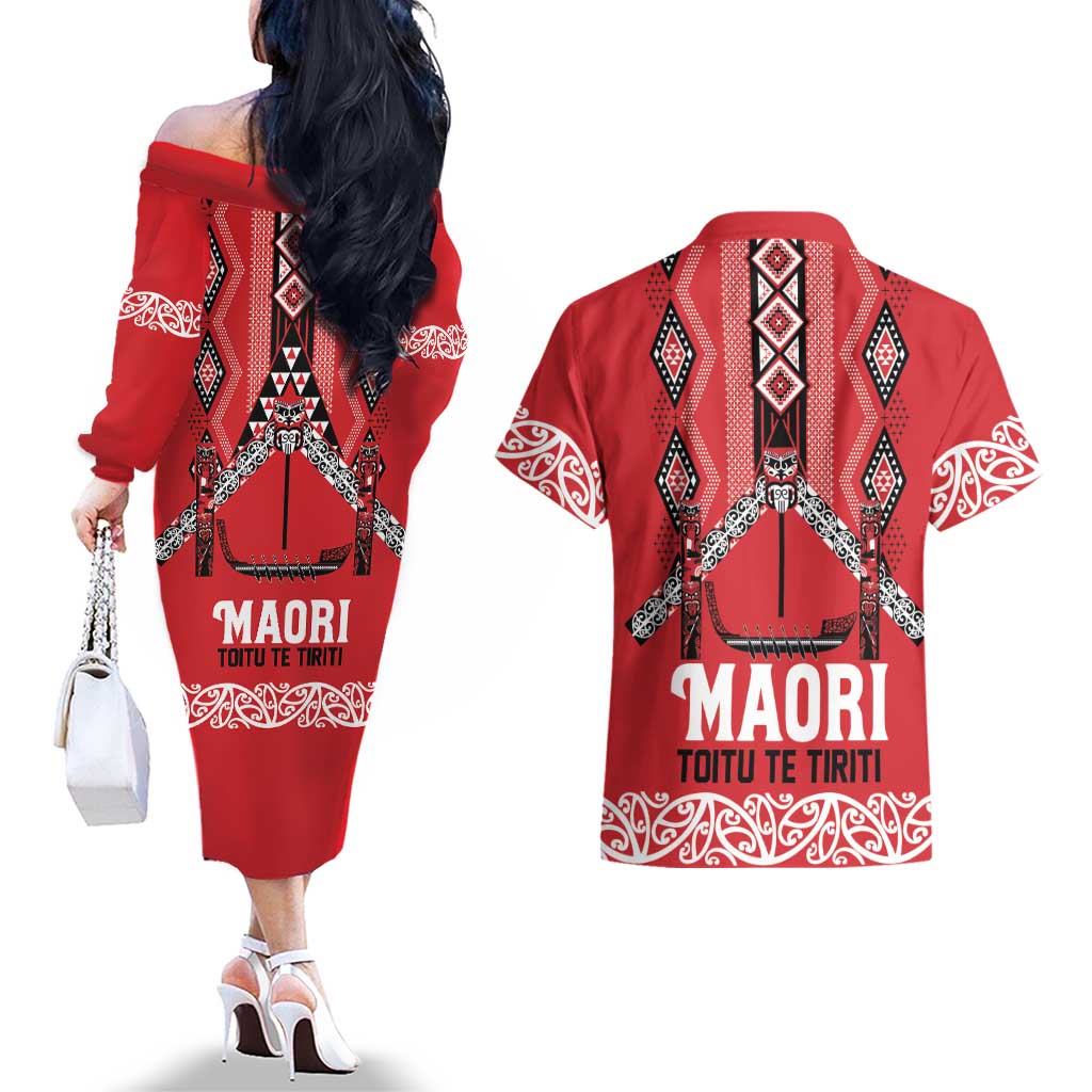 Toitu Te Tiriti Waitangi Couples Matching Off The Shoulder Long Sleeve Dress and Hawaiian Shirt Red Wharenui House - Aussie Hoodie