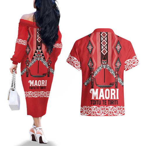 Toitu Te Tiriti Waitangi Couples Matching Off The Shoulder Long Sleeve Dress and Hawaiian Shirt Red Wharenui House - Aussie Hoodie