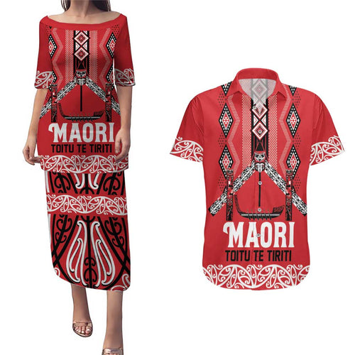 Toitu Te Tiriti Waitangi Couples Matching Puletasi and Hawaiian Shirt Red Wharenui House - Aussie Hoodie