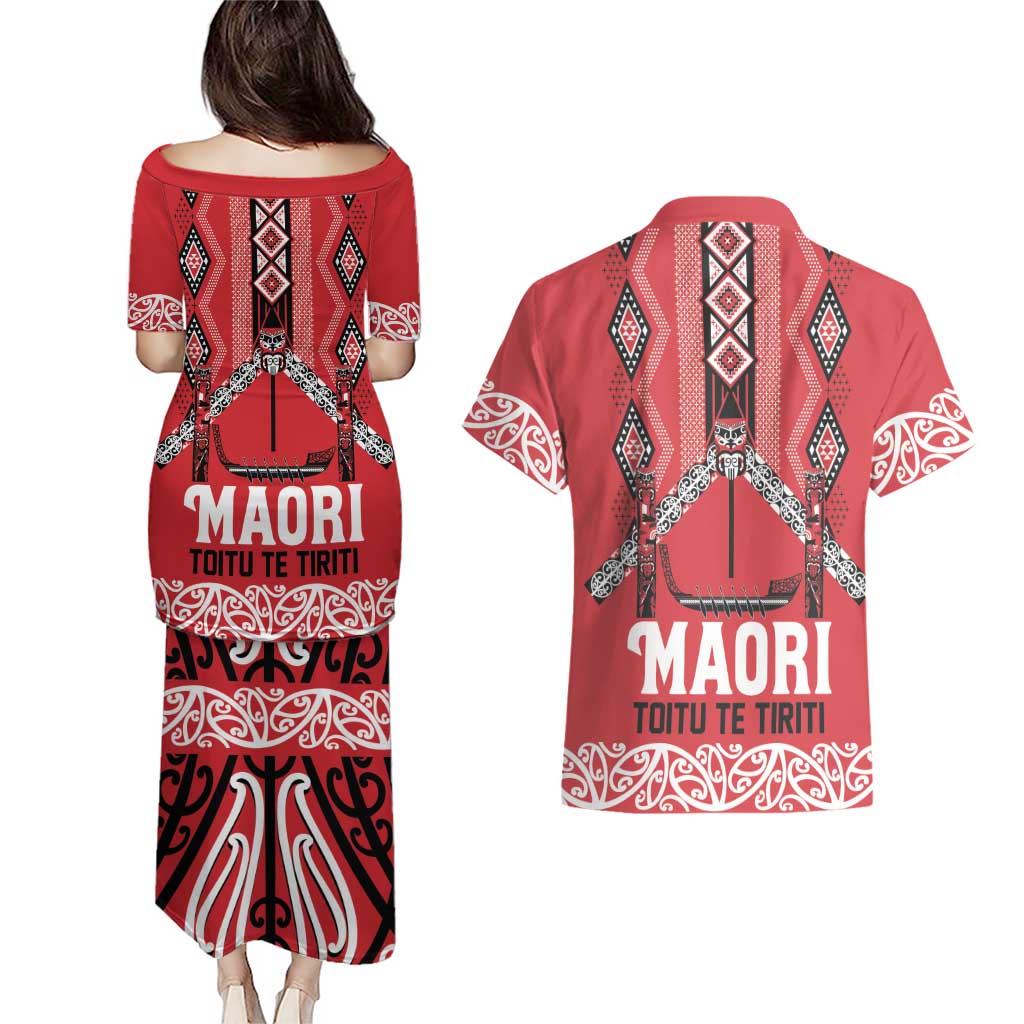 Toitu Te Tiriti Waitangi Couples Matching Puletasi and Hawaiian Shirt Red Wharenui House - Aussie Hoodie