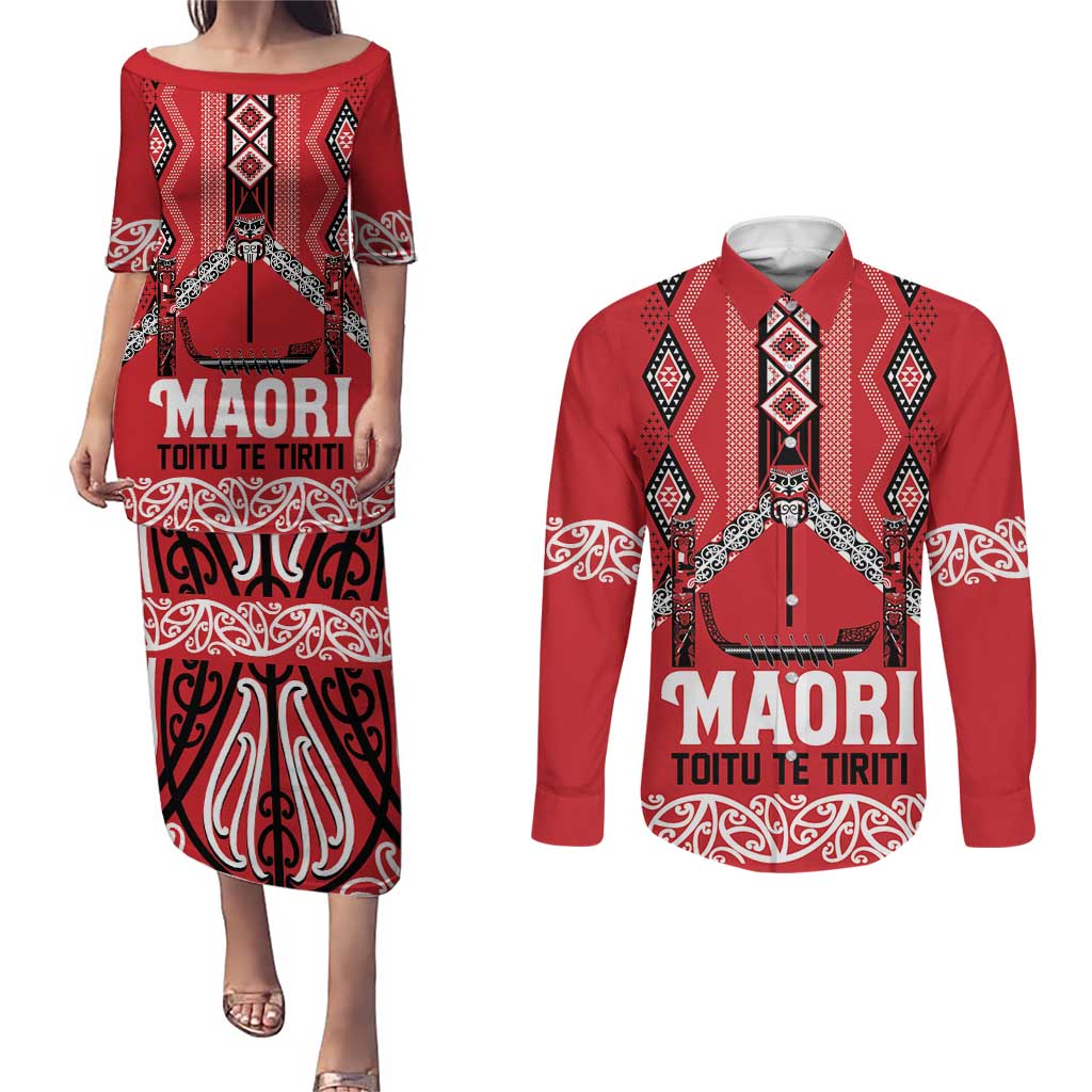 Toitu Te Tiriti Waitangi Couples Matching Puletasi and Long Sleeve Button Shirt Red Wharenui House - Aussie Hoodie