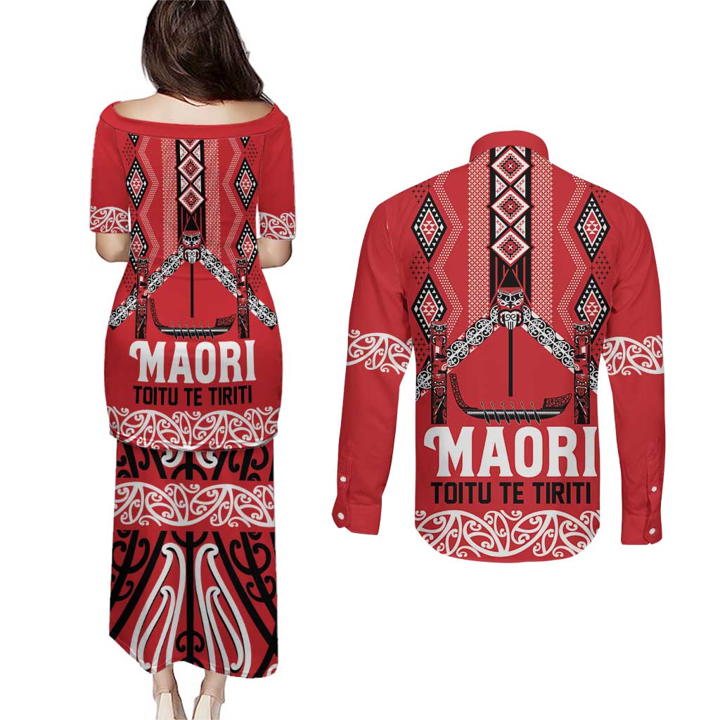 Toitu Te Tiriti Waitangi Couples Matching Puletasi and Long Sleeve Button Shirt Red Wharenui House - Aussie Hoodie