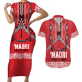 Toitu Te Tiriti Waitangi Couples Matching Short Sleeve Bodycon Dress and Hawaiian Shirt Red Wharenui House - Aussie Hoodie