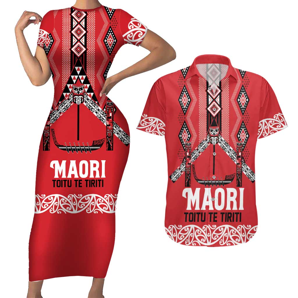 Toitu Te Tiriti Waitangi Couples Matching Short Sleeve Bodycon Dress and Hawaiian Shirt Red Wharenui House - Aussie Hoodie