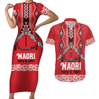 Toitu Te Tiriti Waitangi Couples Matching Short Sleeve Bodycon Dress and Hawaiian Shirt Red Wharenui House - Aussie Hoodie