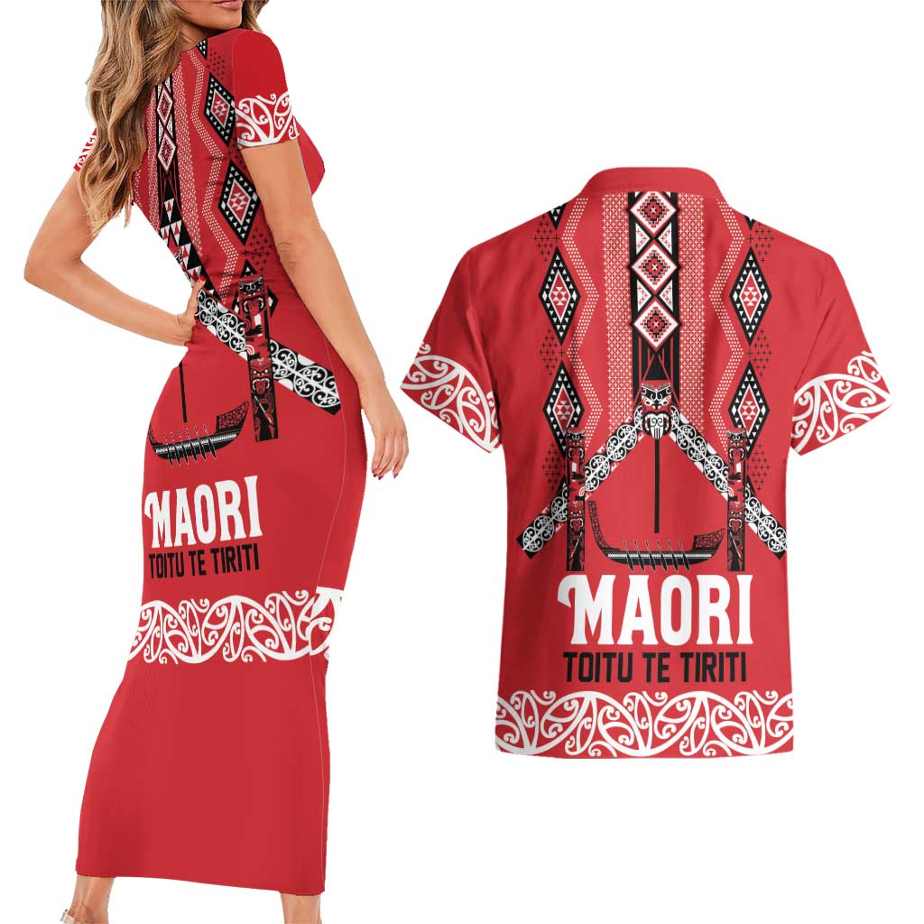 Toitu Te Tiriti Waitangi Couples Matching Short Sleeve Bodycon Dress and Hawaiian Shirt Red Wharenui House - Aussie Hoodie