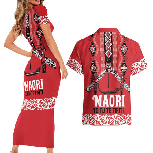 Toitu Te Tiriti Waitangi Couples Matching Short Sleeve Bodycon Dress and Hawaiian Shirt Red Wharenui House - Aussie Hoodie