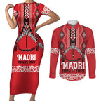 Toitu Te Tiriti Waitangi Couples Matching Short Sleeve Bodycon Dress and Long Sleeve Button Shirt Red Wharenui House - Aussie Hoodie