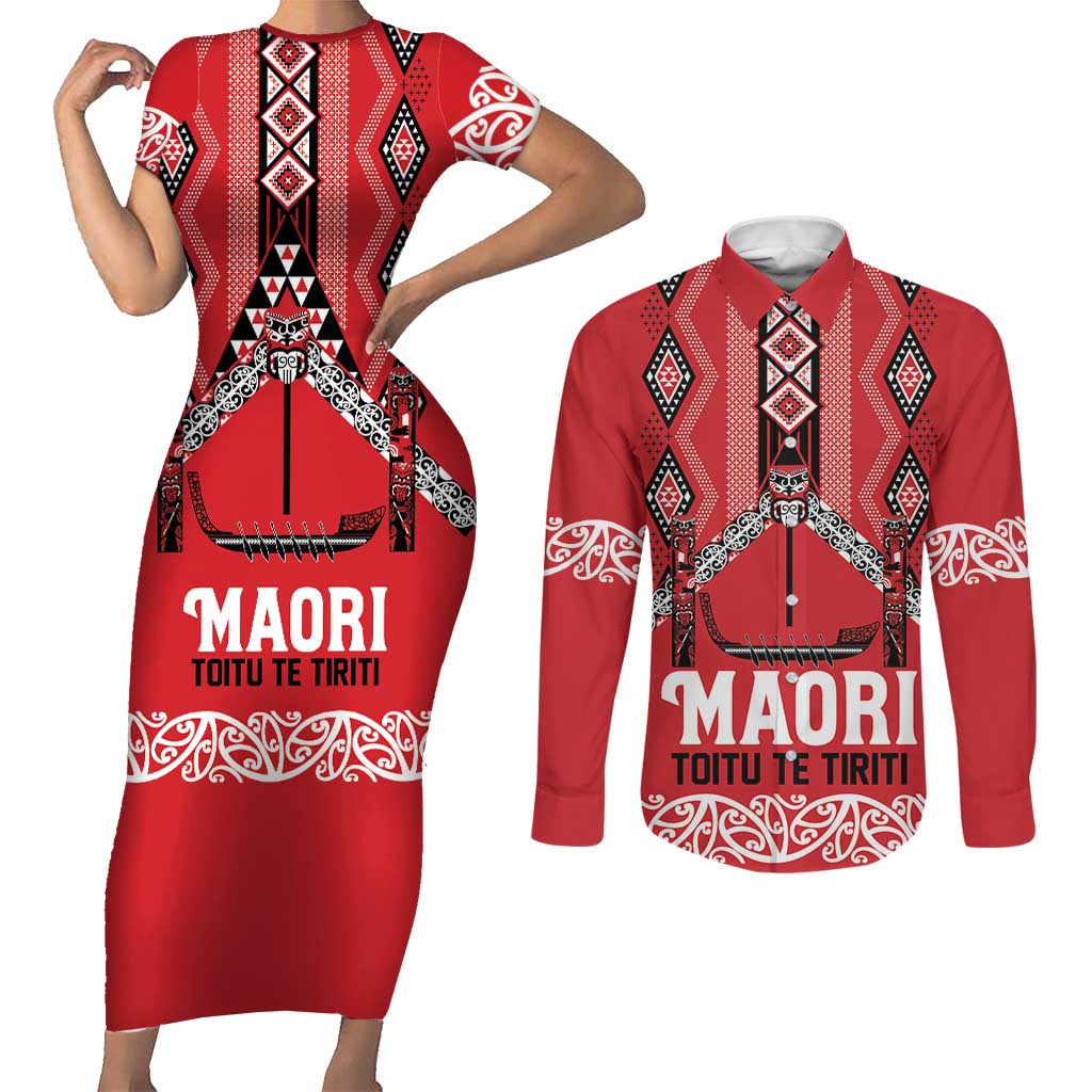 Toitu Te Tiriti Waitangi Couples Matching Short Sleeve Bodycon Dress and Long Sleeve Button Shirt Red Wharenui House - Aussie Hoodie