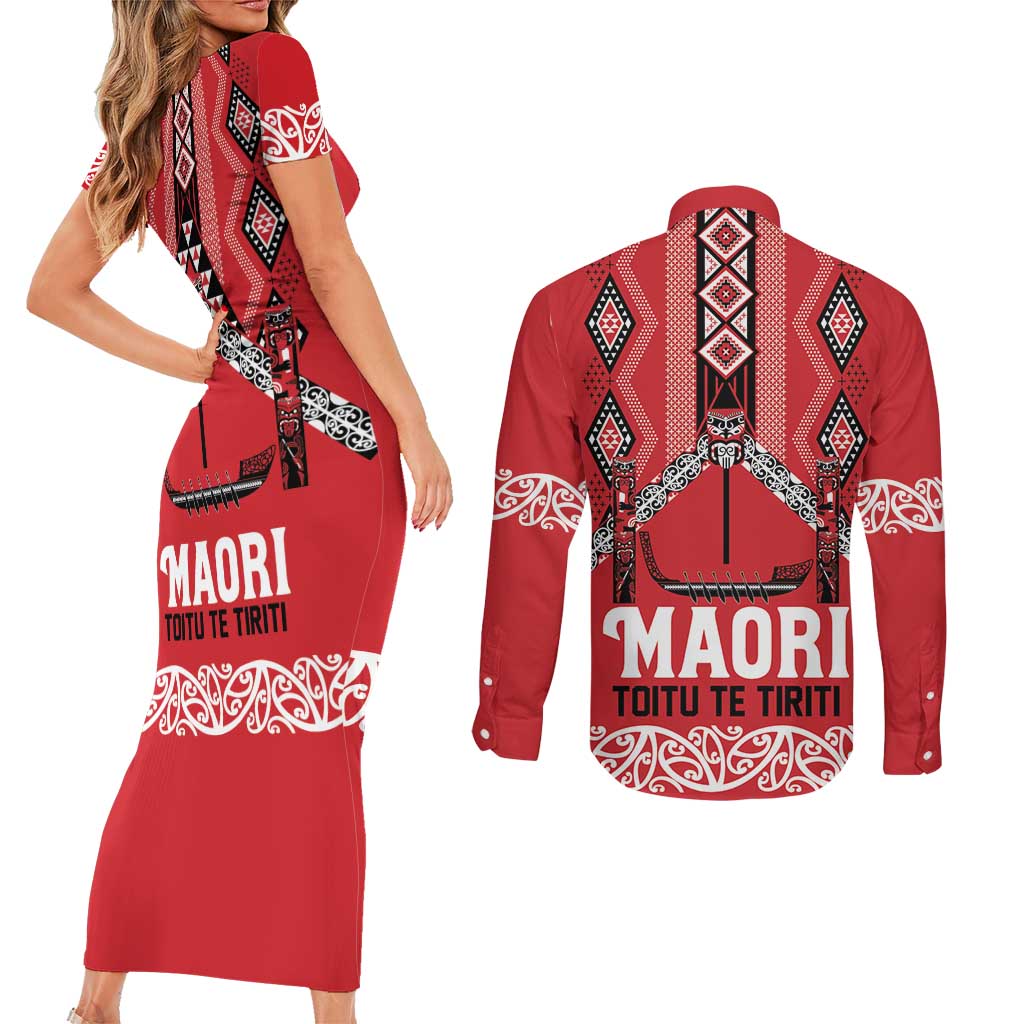 Toitu Te Tiriti Waitangi Couples Matching Short Sleeve Bodycon Dress and Long Sleeve Button Shirt Red Wharenui House - Aussie Hoodie