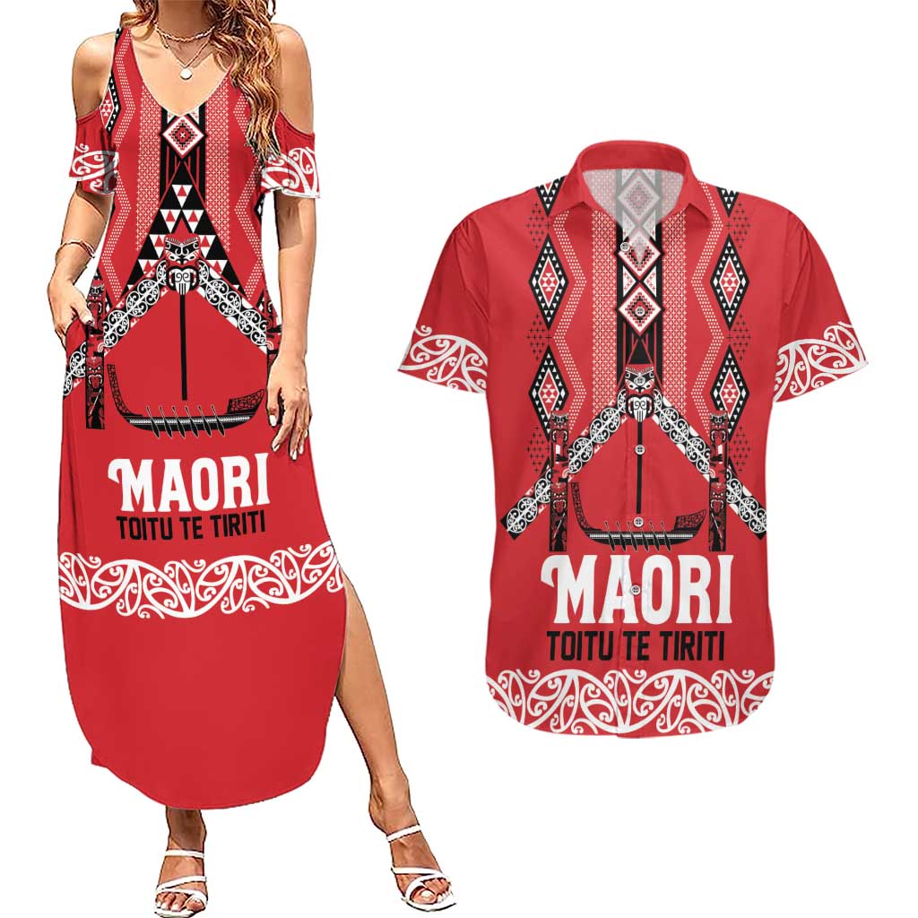 Toitu Te Tiriti Waitangi Couples Matching Summer Maxi Dress and Hawaiian Shirt Red Wharenui House - Aussie Hoodie