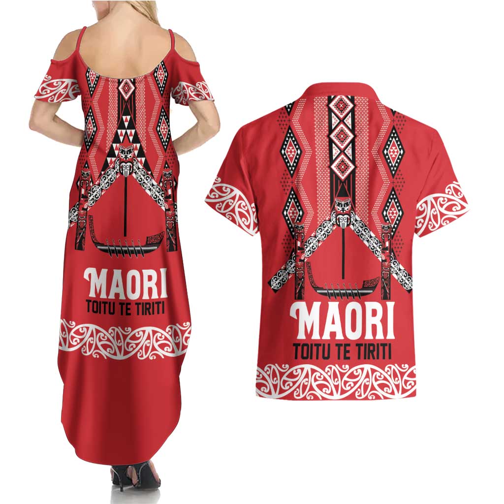 Toitu Te Tiriti Waitangi Couples Matching Summer Maxi Dress and Hawaiian Shirt Red Wharenui House - Aussie Hoodie