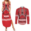 Toitu Te Tiriti Waitangi Couples Matching Summer Maxi Dress and Long Sleeve Button Shirt Red Wharenui House - Aussie Hoodie