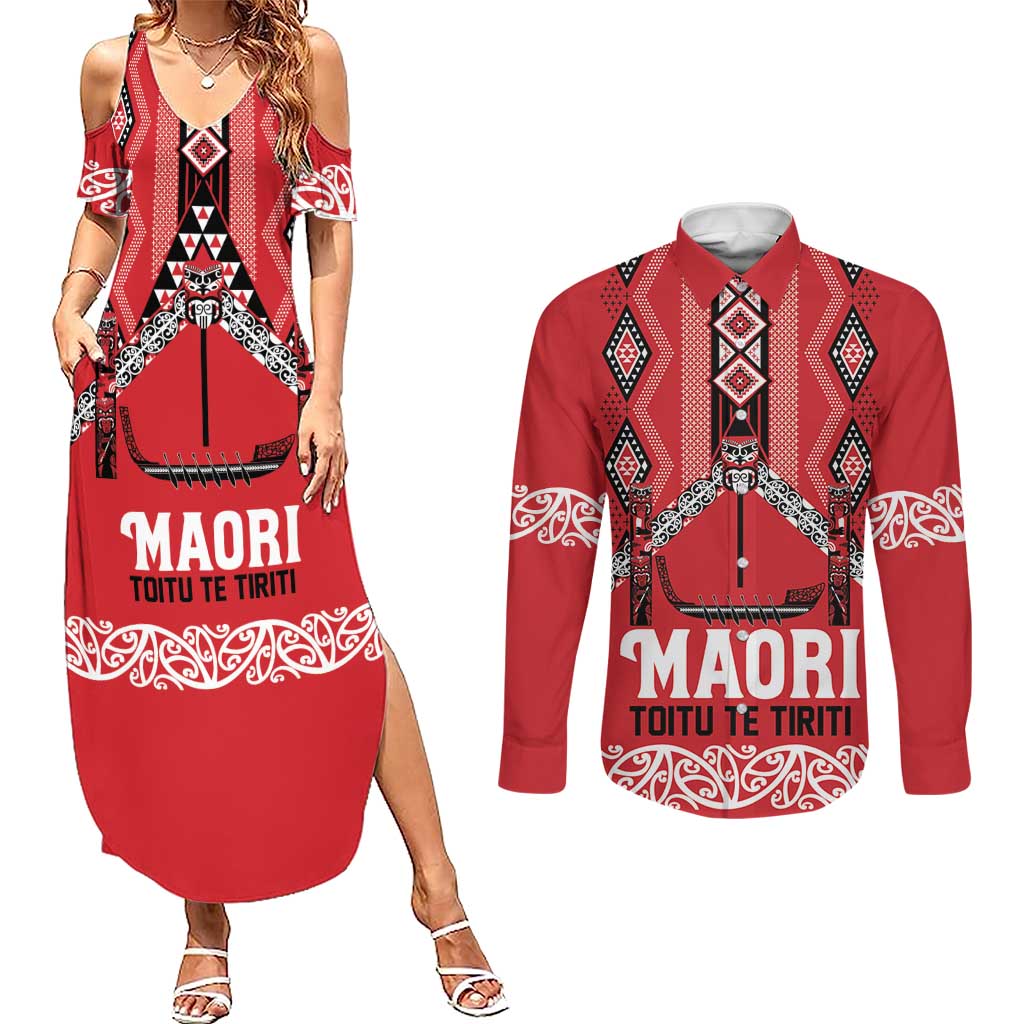Toitu Te Tiriti Waitangi Couples Matching Summer Maxi Dress and Long Sleeve Button Shirt Red Wharenui House - Aussie Hoodie