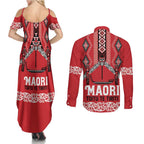 Toitu Te Tiriti Waitangi Couples Matching Summer Maxi Dress and Long Sleeve Button Shirt Red Wharenui House - Aussie Hoodie