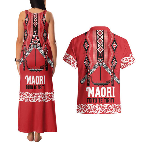 Toitu Te Tiriti Waitangi Couples Matching Tank Maxi Dress and Hawaiian Shirt Red Wharenui House - Aussie Hoodie