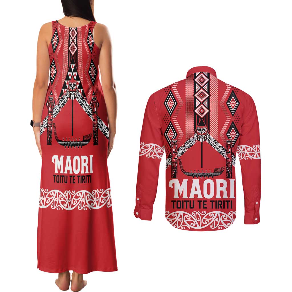Toitu Te Tiriti Waitangi Couples Matching Tank Maxi Dress and Long Sleeve Button Shirt Red Wharenui House - Aussie Hoodie