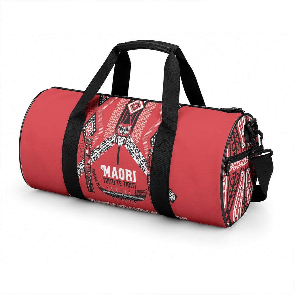 Toitu Te Tiriti Waitangi Duffle Bag Red Wharenui House