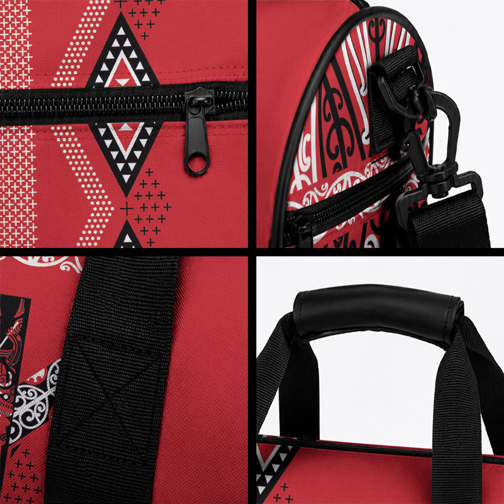 Toitu Te Tiriti Waitangi Duffle Bag Red Wharenui House