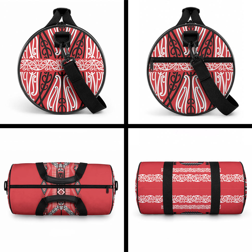 Toitu Te Tiriti Waitangi Duffle Bag Red Wharenui House