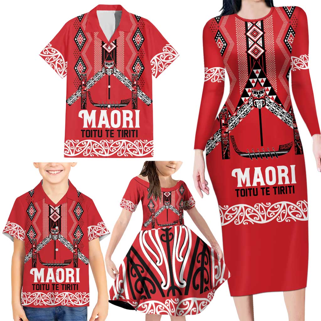 Toitu Te Tiriti Waitangi Family Matching Long Sleeve Bodycon Dress and Hawaiian Shirt Red Wharenui House - Aussie Hoodie