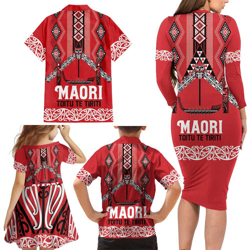 Toitu Te Tiriti Waitangi Family Matching Long Sleeve Bodycon Dress and Hawaiian Shirt Red Wharenui House - Aussie Hoodie