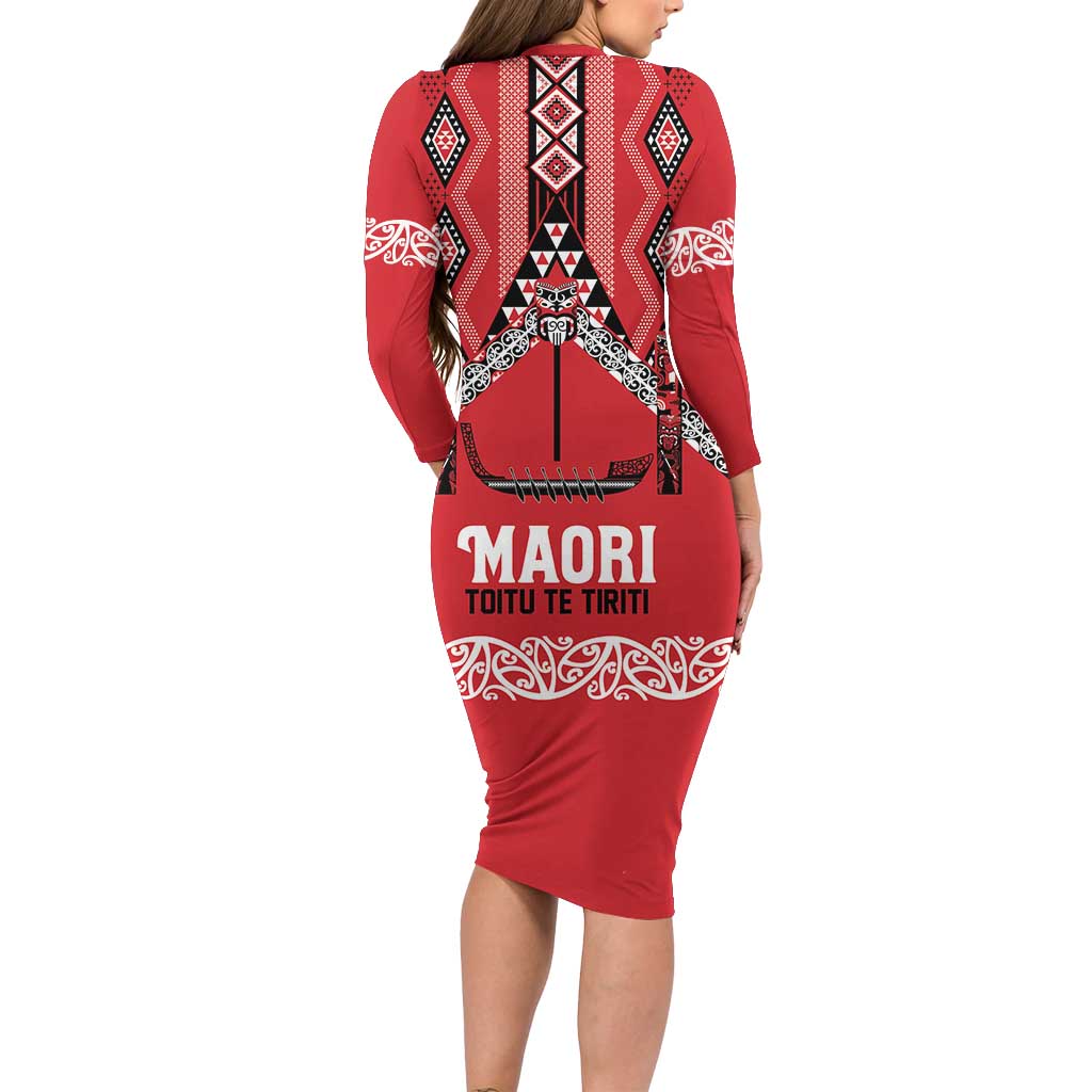 Toitu Te Tiriti Waitangi Family Matching Long Sleeve Bodycon Dress and Hawaiian Shirt Red Wharenui House - Aussie Hoodie