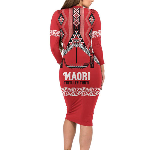 Toitu Te Tiriti Waitangi Family Matching Long Sleeve Bodycon Dress and Hawaiian Shirt Red Wharenui House - Aussie Hoodie