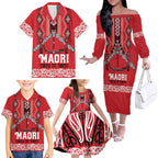Toitu Te Tiriti Waitangi Family Matching Off The Shoulder Long Sleeve Dress and Hawaiian Shirt Red Wharenui House - Aussie Hoodie