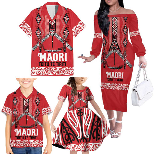 Toitu Te Tiriti Waitangi Family Matching Off The Shoulder Long Sleeve Dress and Hawaiian Shirt Red Wharenui House - Aussie Hoodie