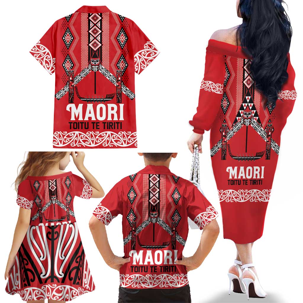 Toitu Te Tiriti Waitangi Family Matching Off The Shoulder Long Sleeve Dress and Hawaiian Shirt Red Wharenui House - Aussie Hoodie