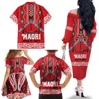 Toitu Te Tiriti Waitangi Family Matching Off The Shoulder Long Sleeve Dress and Hawaiian Shirt Red Wharenui House - Aussie Hoodie
