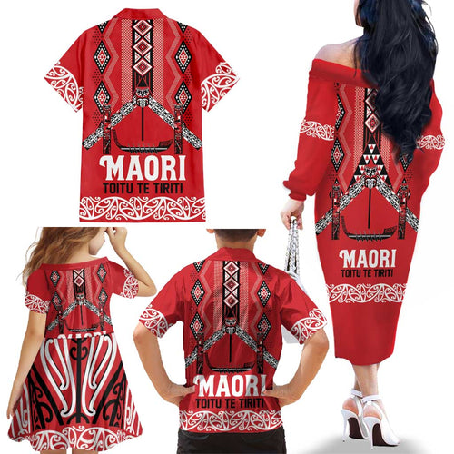 Toitu Te Tiriti Waitangi Family Matching Off The Shoulder Long Sleeve Dress and Hawaiian Shirt Red Wharenui House - Aussie Hoodie