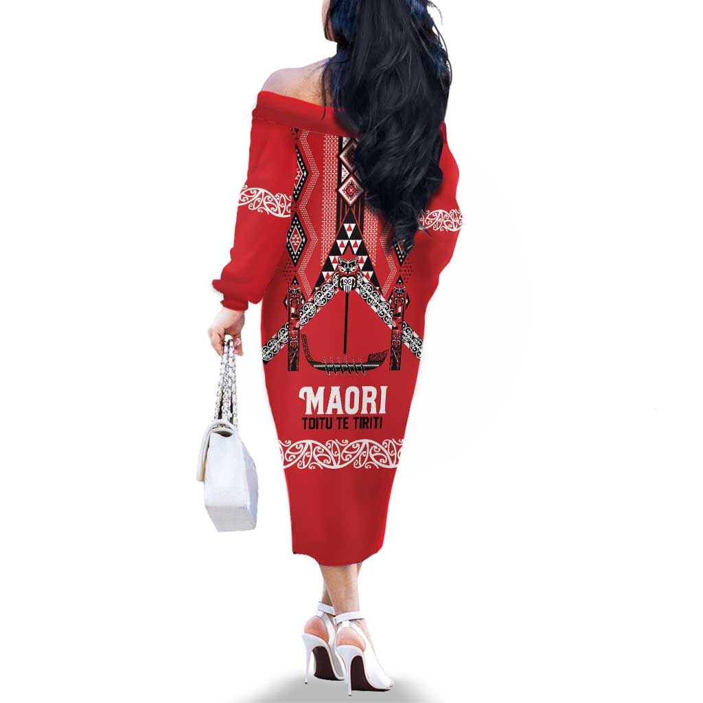 Toitu Te Tiriti Waitangi Family Matching Off The Shoulder Long Sleeve Dress and Hawaiian Shirt Red Wharenui House - Aussie Hoodie