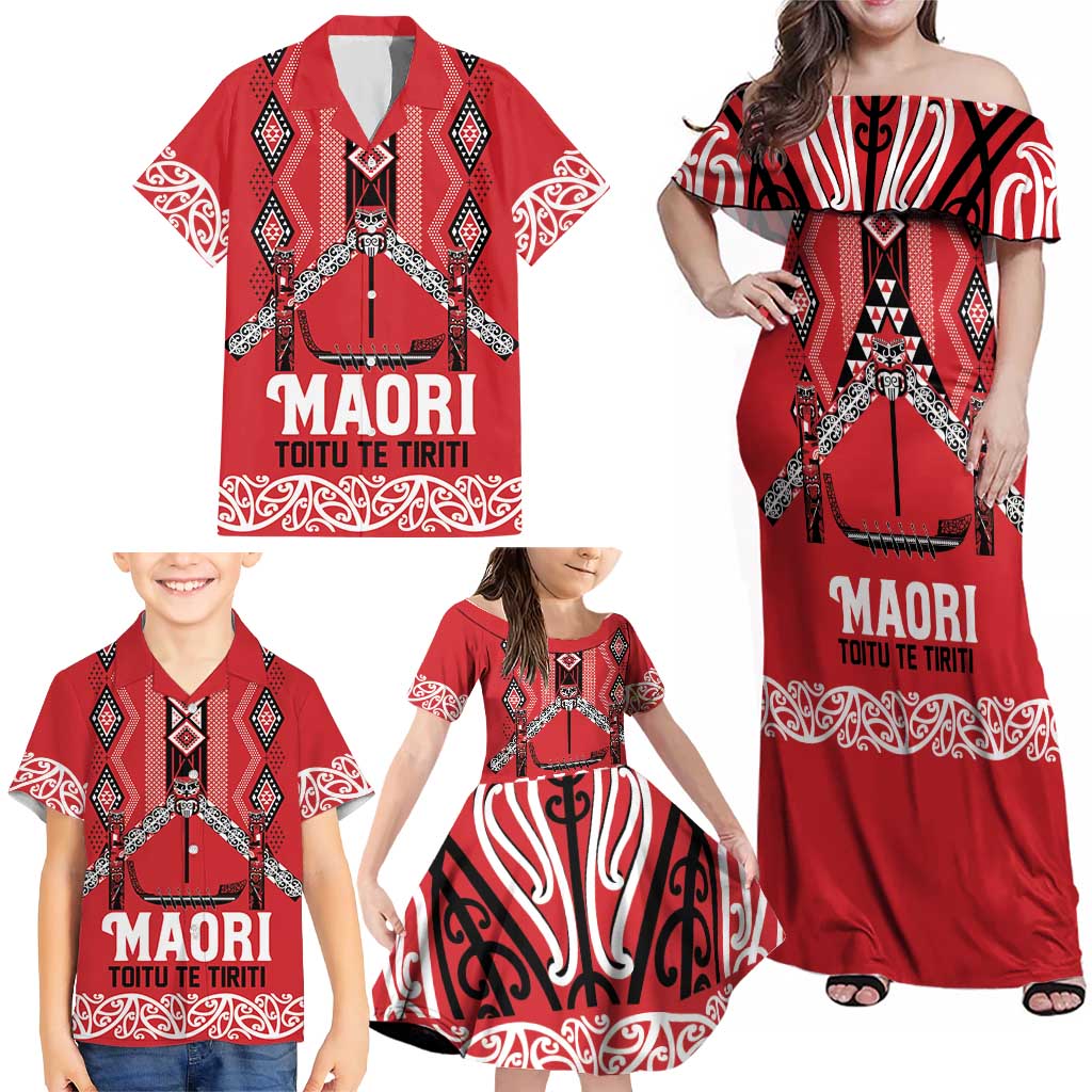 Toitu Te Tiriti Waitangi Family Matching Off Shoulder Maxi Dress and Hawaiian Shirt Red Wharenui House - Aussie Hoodie