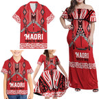 Toitu Te Tiriti Waitangi Family Matching Off Shoulder Maxi Dress and Hawaiian Shirt Red Wharenui House - Aussie Hoodie