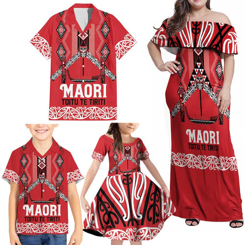 Toitu Te Tiriti Waitangi Family Matching Off Shoulder Maxi Dress and Hawaiian Shirt Red Wharenui House - Aussie Hoodie
