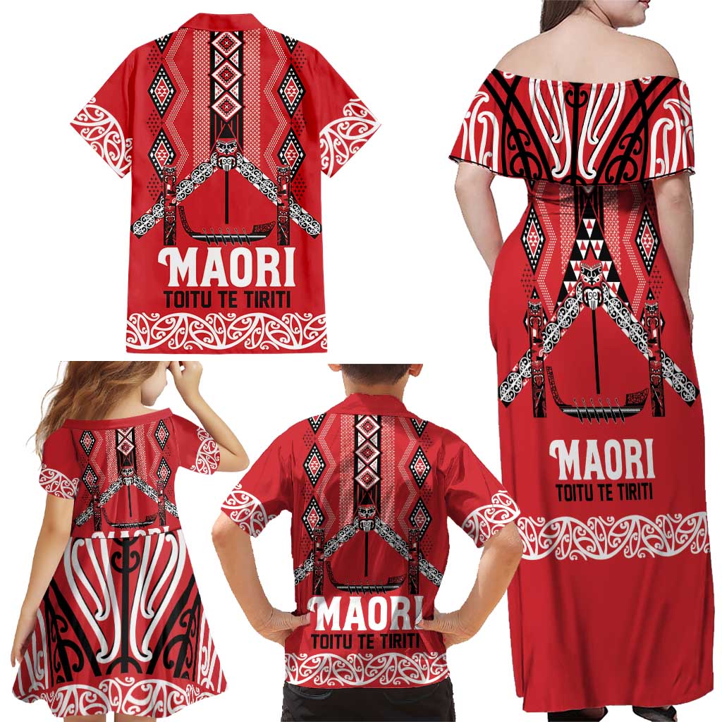 Toitu Te Tiriti Waitangi Family Matching Off Shoulder Maxi Dress and Hawaiian Shirt Red Wharenui House - Aussie Hoodie