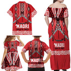 Toitu Te Tiriti Waitangi Family Matching Off Shoulder Maxi Dress and Hawaiian Shirt Red Wharenui House - Aussie Hoodie