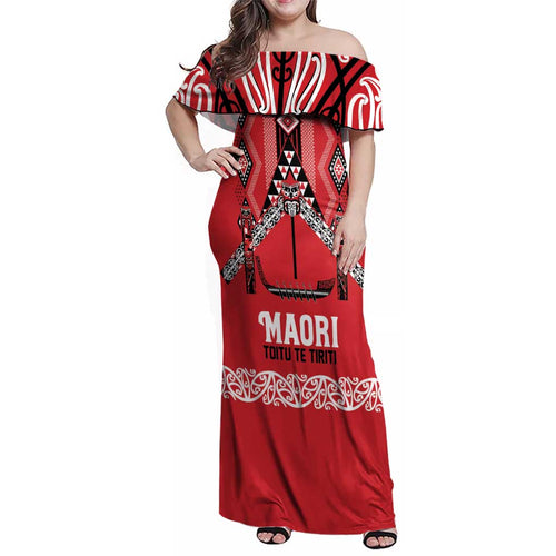 Toitu Te Tiriti Waitangi Family Matching Off Shoulder Maxi Dress and Hawaiian Shirt Red Wharenui House - Aussie Hoodie