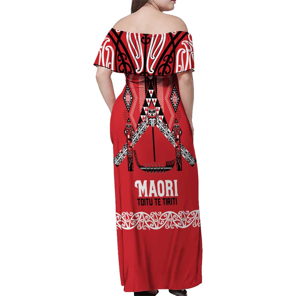 Toitu Te Tiriti Waitangi Family Matching Off Shoulder Maxi Dress and Hawaiian Shirt Red Wharenui House - Aussie Hoodie