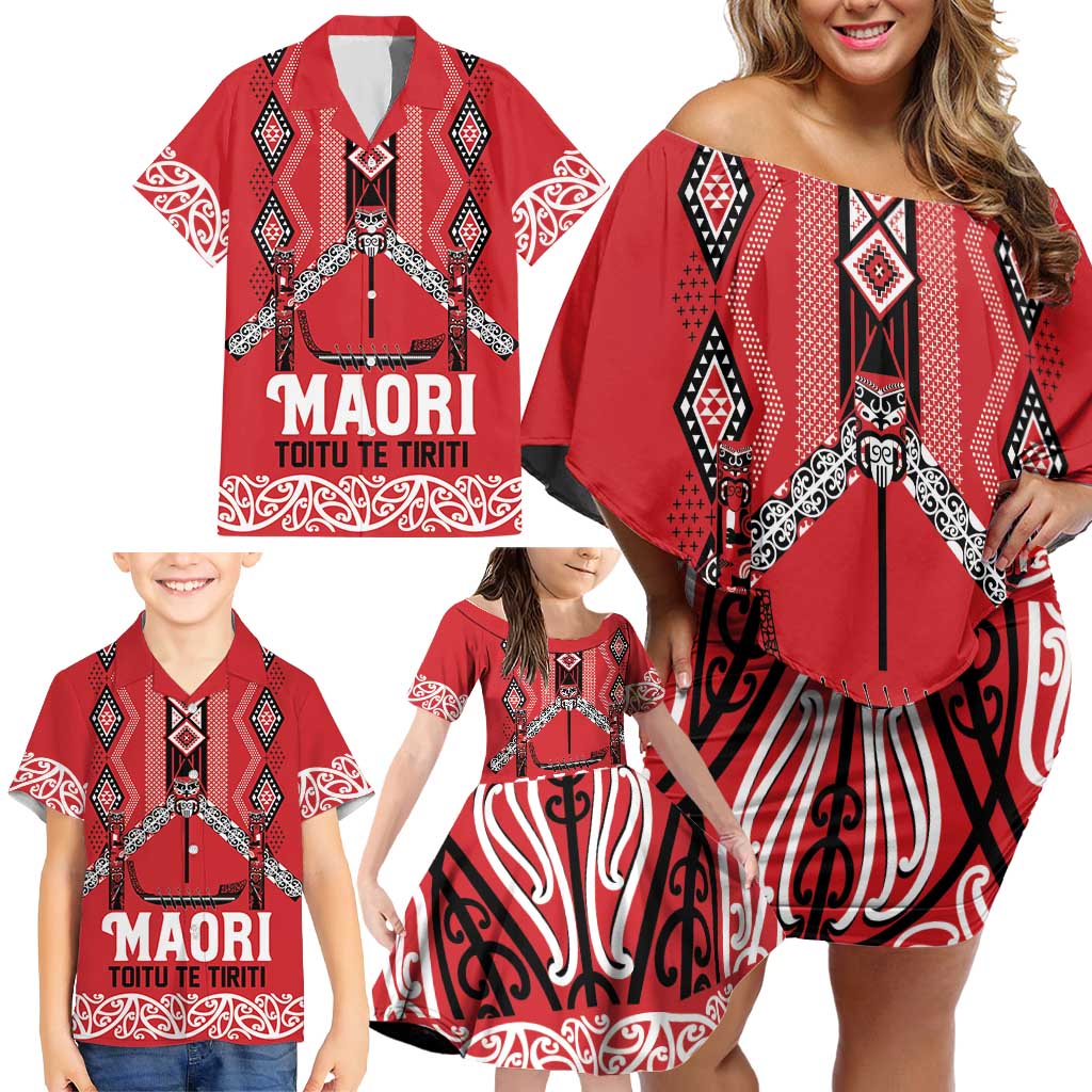 Toitu Te Tiriti Waitangi Family Matching Off Shoulder Short Dress and Hawaiian Shirt Red Wharenui House - Aussie Hoodie